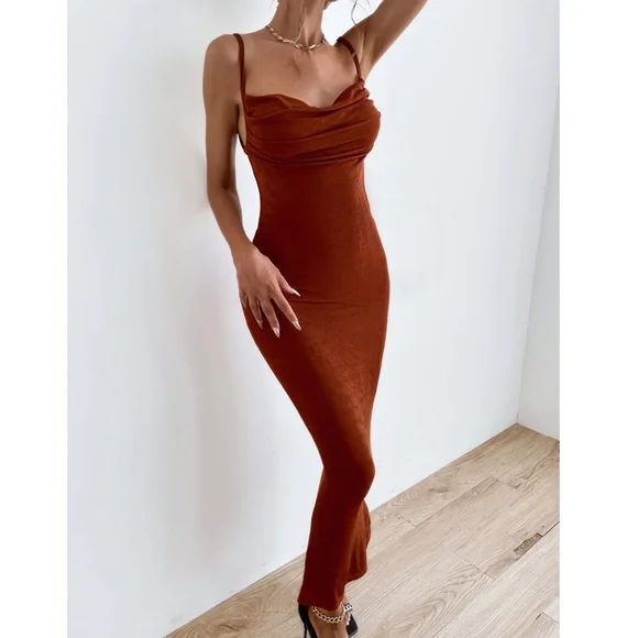 Backless Rust Brown Cowl Neck Long Slim Dress - Picture 3 of 13